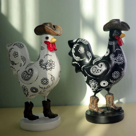 Cowboy Rooster Resin Figurine Cartoon Boot Cock Statue Animal Sculpture Home Office