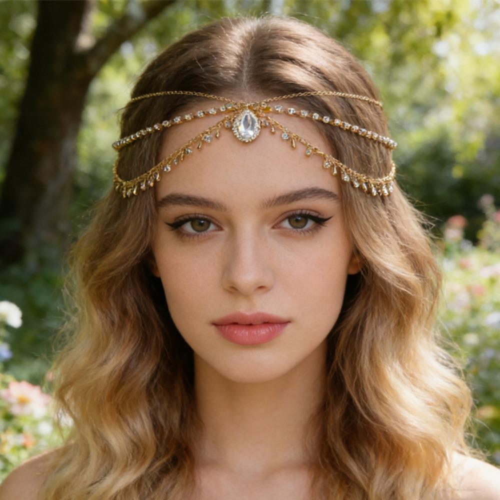 Crystal Bohemian Forehead Headpiece Fairy Rhinestone Forehead Chain Long Tassels Hair Chain Girls