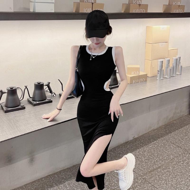 Korean Style Women's Summer Midi Camisole Dress with Subtle Design, High-Waisted, Slimming Slit