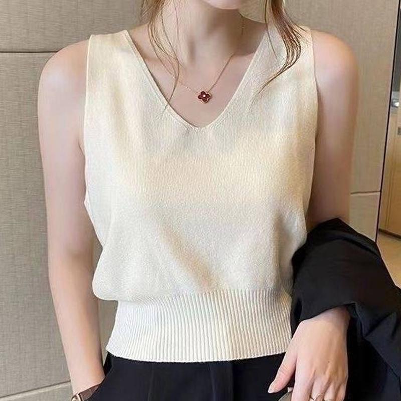 French Solid Color V-Neck Sleeveless Simple Casual Knitted Vest For Women