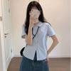 Women Summer Short Sleeve Shirt Casual Turndown Collar Blouse Female Preppy Style Student Crop Shirts