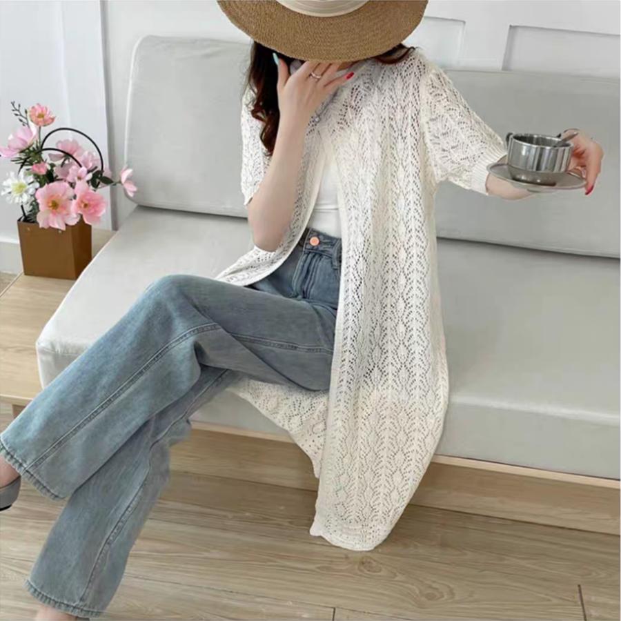 Women's Knitted Sweaters Lady Hollow out Mesh Thin Pullover See Through Look short Sleeve Loose long Tops Smock Two outfits 2025