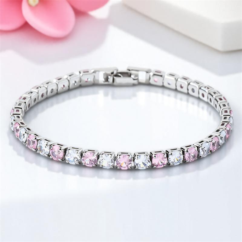 Braccialetti da Donna 4mm Pietra Rotonda Cristallo Rosa Carino Zircone Bianco 17/19cm Catene Colore Argento Vintage Braccialetto Gioielli da Matrimonio