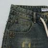 Men's Studded Distressed Denim Shorts, Camo Hem Drawstring Hip Hop Street Knee Length Shorts