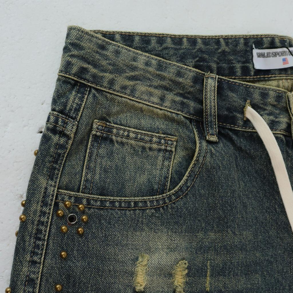 Men's Studded Distressed Denim Shorts, Camo Hem Drawstring Hip Hop Street Knee Length Shorts