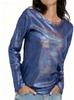 Women Shiny Holographic Long Sleeve T Shirt Crew Neck Glitter Metallic Blouse Casual Loose Party Basic Top