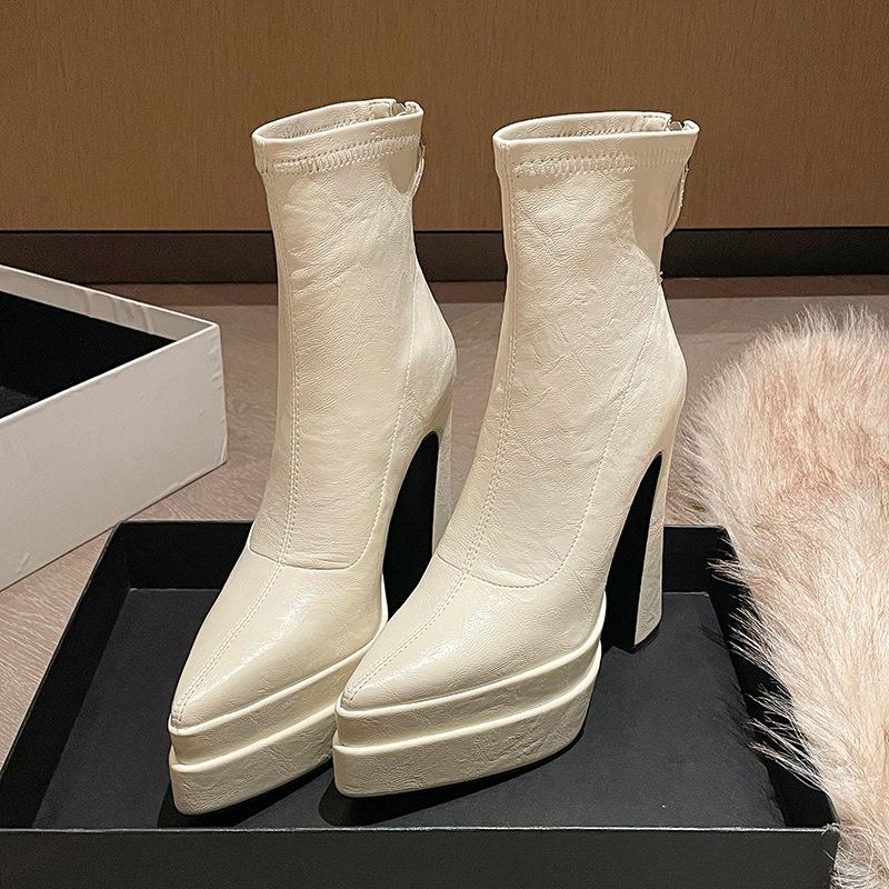Night Club Platform High top Heel Women Ankle Fashion Party Stripper Female Pointed Toe Elastic Slim Short Booties