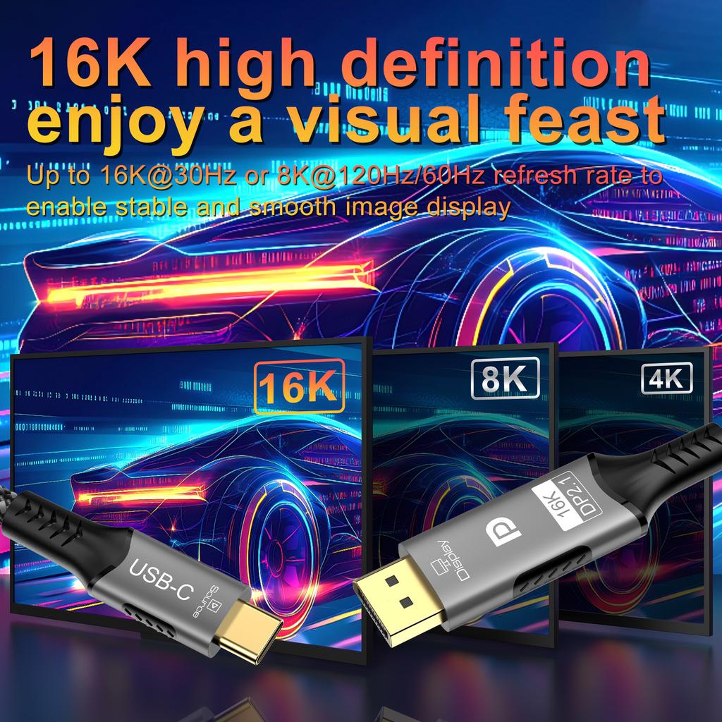 16K USB C To DP 2.1 Cable Type-C To DisplayPort Cord 54Gbps Bandwidth 16K@30Hz 8K@60Hz, Compatible with Thunderbolt 3/4 MacBook Laptop PC TV Projector
