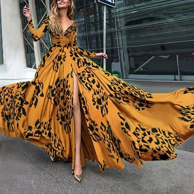 Damen Herbstkleid Sexy Tiefem V-Ausschnitt Langarm Langes Kleid Abendkleid