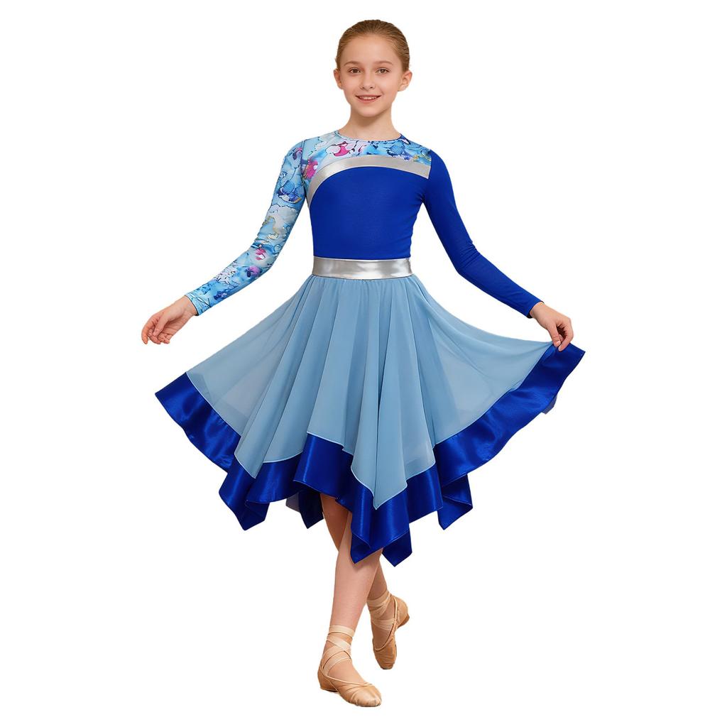 Girls Contemporary Worship Dance Dress: Long Sleeve with Invisible Zipper Back, Stylish Printed Patchwork & Color Block Irregular Hem