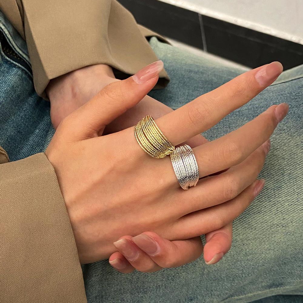 Elegant Multi-Layer Adjustable Open Ring - Versatile Niche Design with Glittering Threads for Women