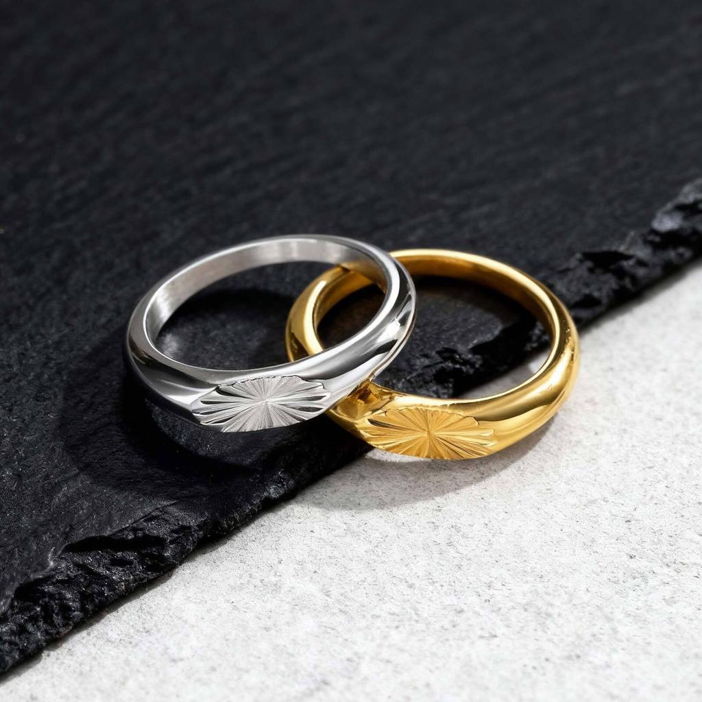 Dainty Gold Color Men's Ring,Embossing Radiation Sunburst Stainless Steel Tail Ring,Stylish Wedding Gift