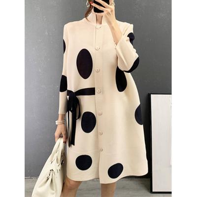 Robe plissée à col montant, simple boutonnage, cordon de serrage, impression de points, vêtements de Festival pour femmes élégantes, automne 2023