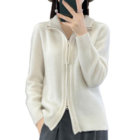 Women Knitted Sweater Coat High Collar Long Sleeve Double Zipper Placket