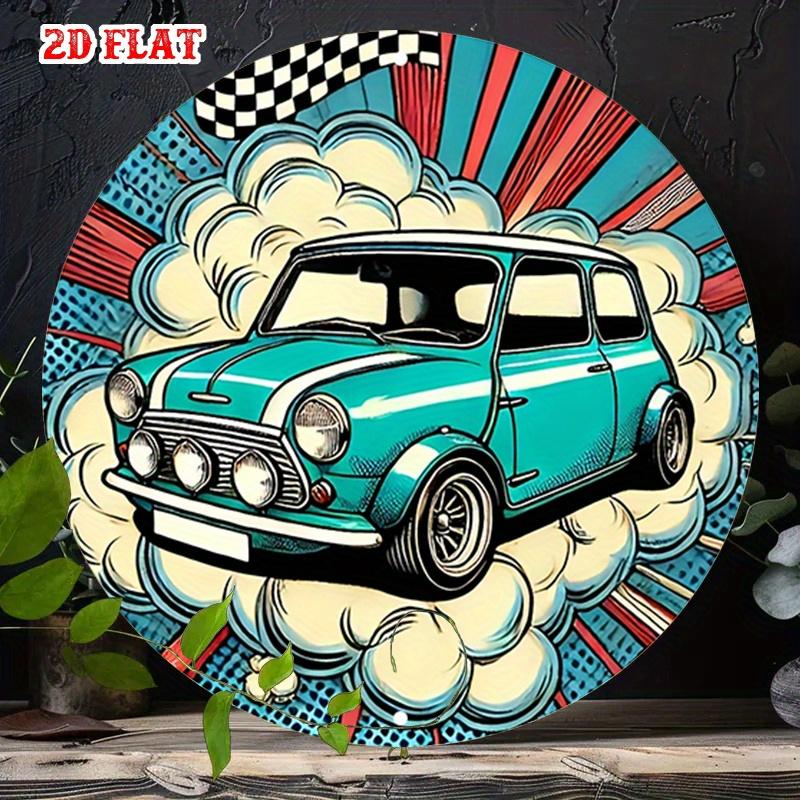 D Flat pc Vintage Car Culture Round Aluminum Sign D Flat Mini Metal Tin Sign with Checkered Flag Design Manga Style