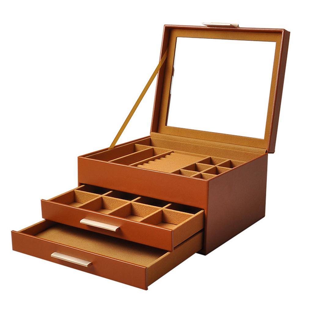 Multi Functional Jewelry Display Box Three Layers Clear Window PU Leather Construction Gold Hardware for Home Use