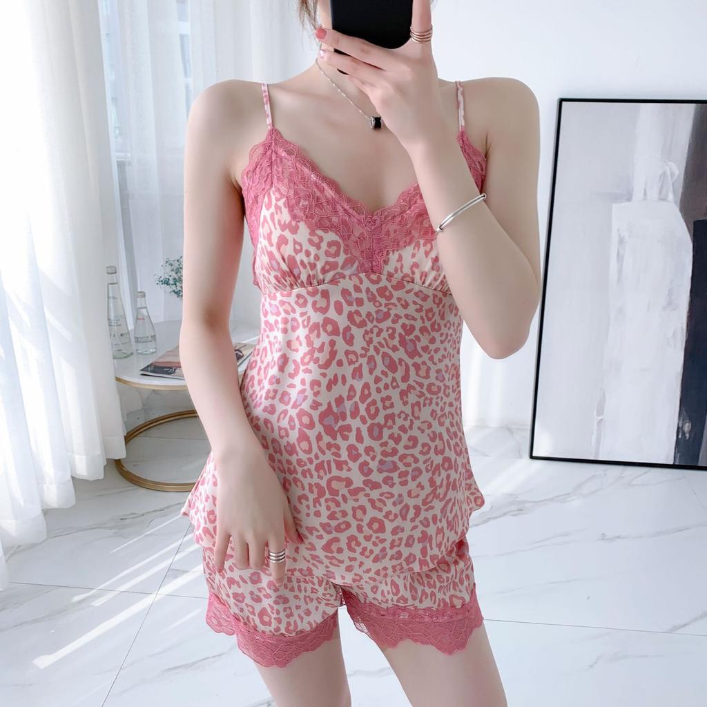 Dámské sexy pyžamo s leopardím vzorem, sada šortek na ramínka z ledového hedvábí, letní tenký styl s vycpávkami na hrudi, krajka, imitace hedvábí, domácí oblečení