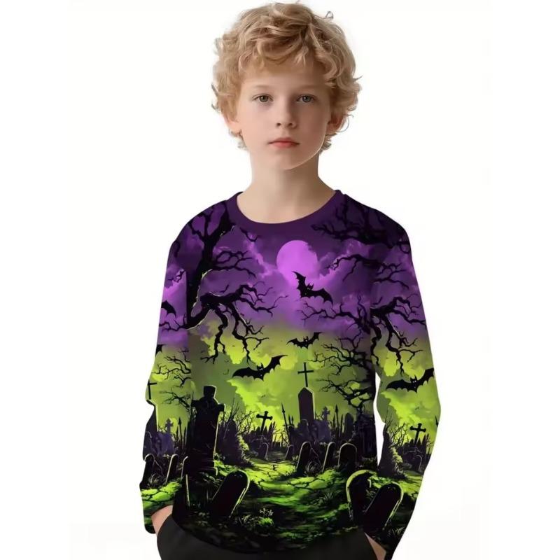 Halloween Boys T-Shirt Pumpkin Print Autumn Long Sleeve T-Shirt Casual Children's Tops Outdoor Comfortable Children's Clothing