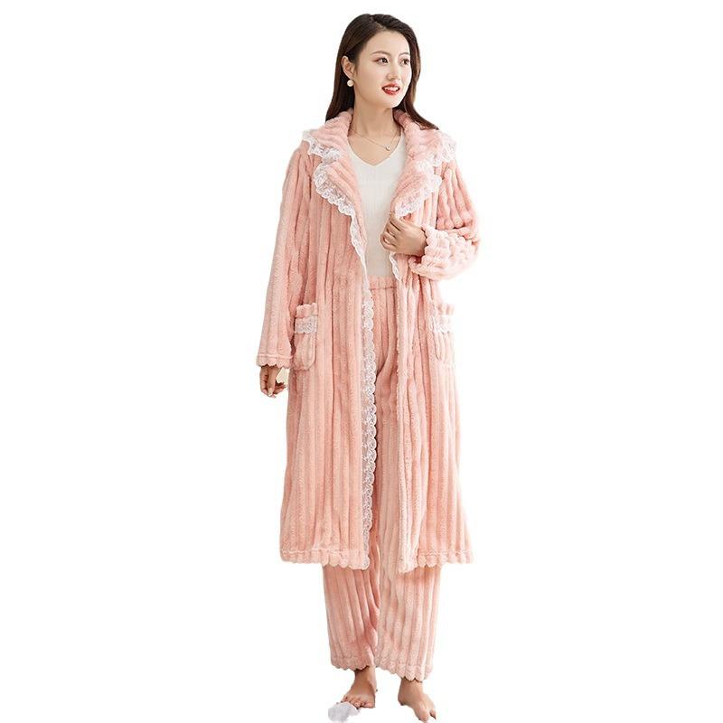Winter New Thick Warm Flannel Women Robe Pants Lace Pajamas Set Coral Fleece Sleepwear Pijamas Suit Loose Home Clothes