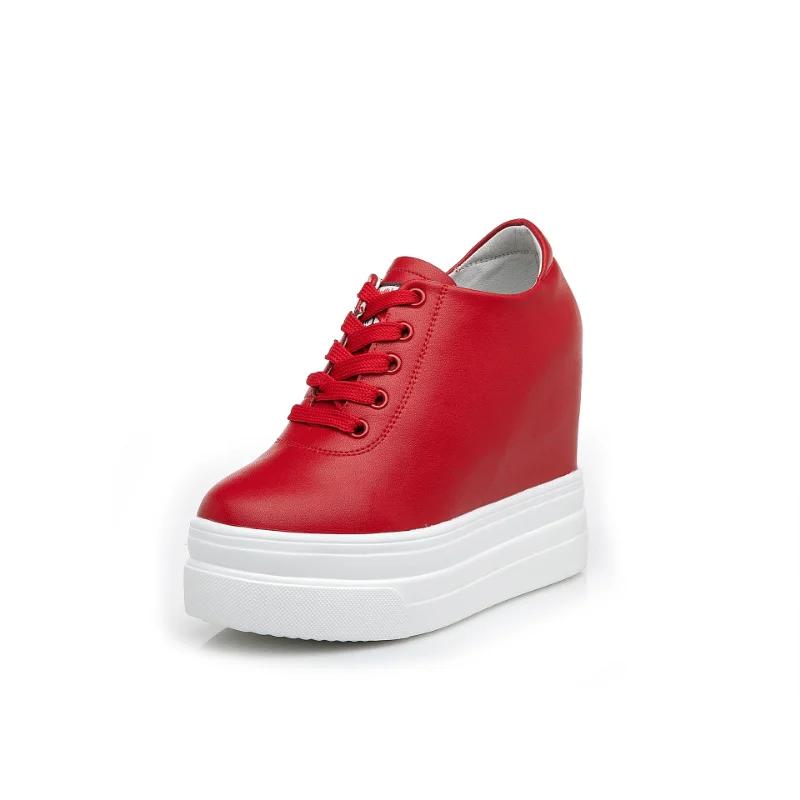 Mode 11CM Kuh Echtleder Herbst Sommer Frühling Plateau Wedges Vulkanisiert Schnürung Lässig Damen Chunky