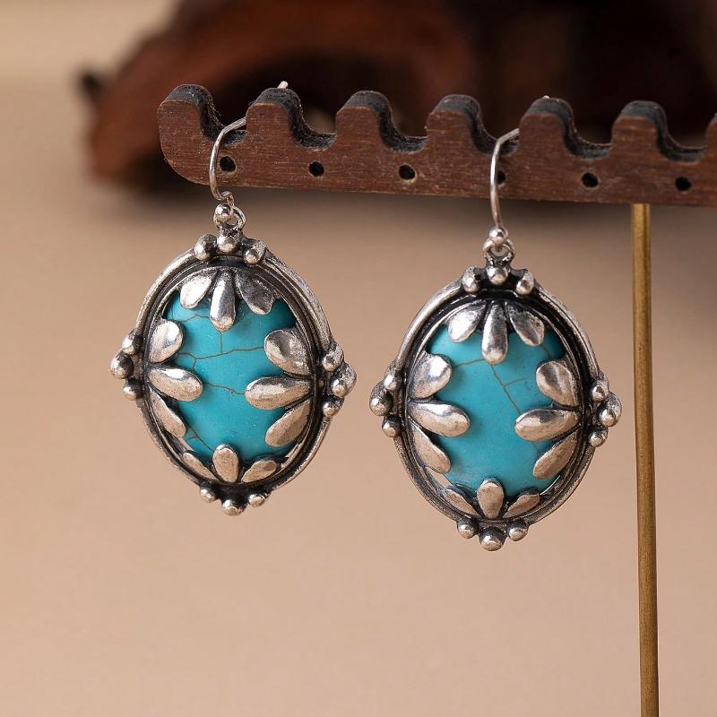 1 Pair Bohemian Vintage Creative Oval Flower & Turquoise Earrings, Suitable for Women Daily, Travel, Gift