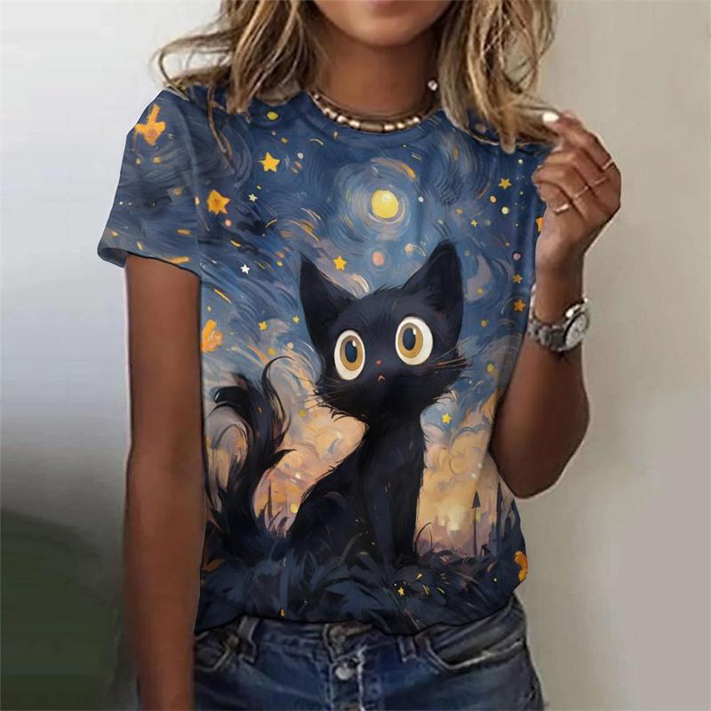 Colorful Cat Pattern T-Shirt For Women Cartoon Pet 3D Printed Tees Summer Harajuku Round Neck T Shirts Short Sleeves Loose Tops