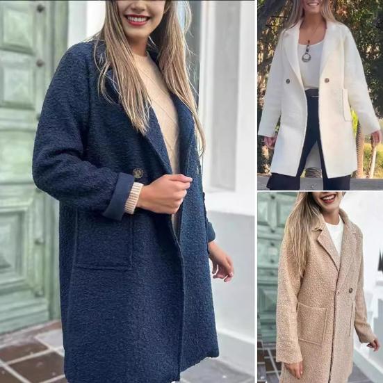Women's Fleece Jacket Lapel Button Closure Fluffy Gown Coat Solid Color Mid-Length Plush Warm Coat for Office Parties Travel
