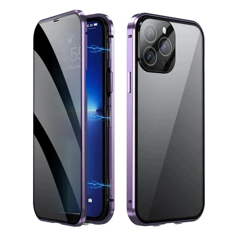 360° Volledige Bescherming Metalen Magnetisch Dubbelzijdig Glas Kliksluiting Privacy Hoesje Voor iPhone 17 16 15 14 13 12 Pro Max Plus 17E 16E
