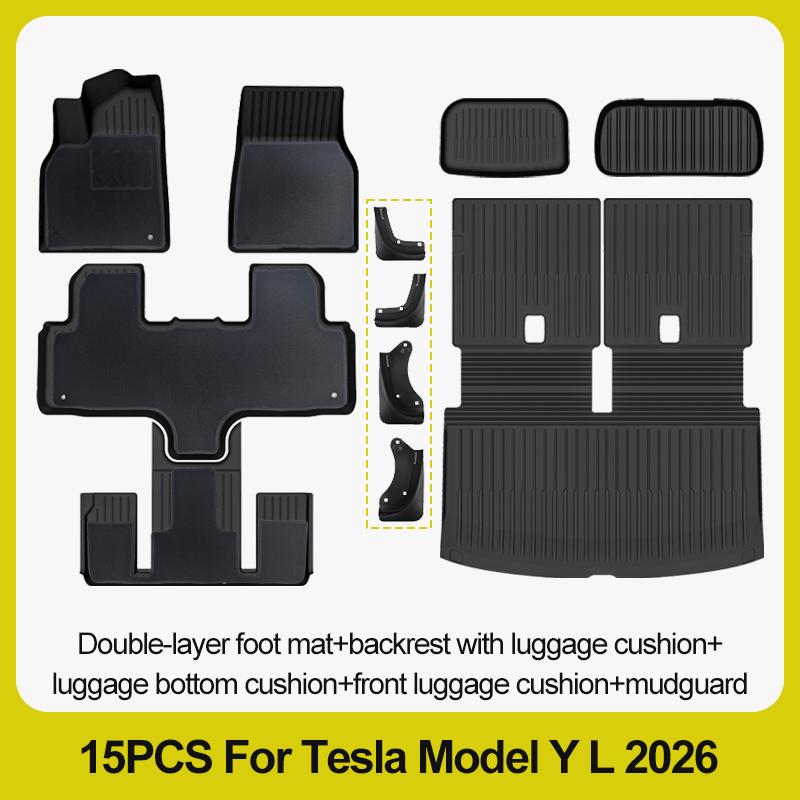 Tapis de sol 6 places pour Tesla Model Y L 2026+, tapis de coffre TPE 3 rangées, housse de siège arrière, doublure de coffre avant, plateau de