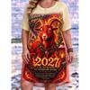 Fashion Comfortable Versatile Breathable Dress Cute Cartoon Printed New Year Dress Women Short Sleeve O-Neck Loose Casual Dress