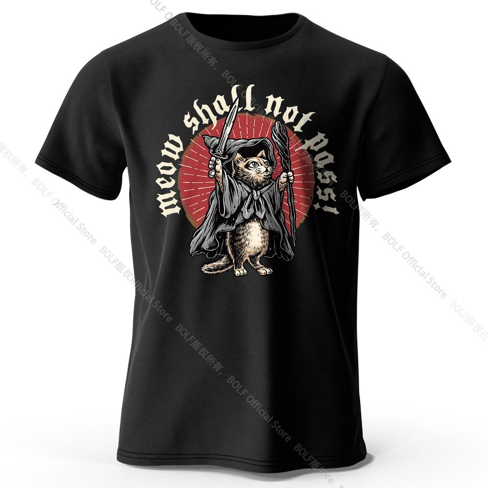 Men's Meow Shall Not Pass Printed T-Shirt 100% Cotton Oversized Cat Graphic Tees for Women Summer Tops Nerd Streetwear