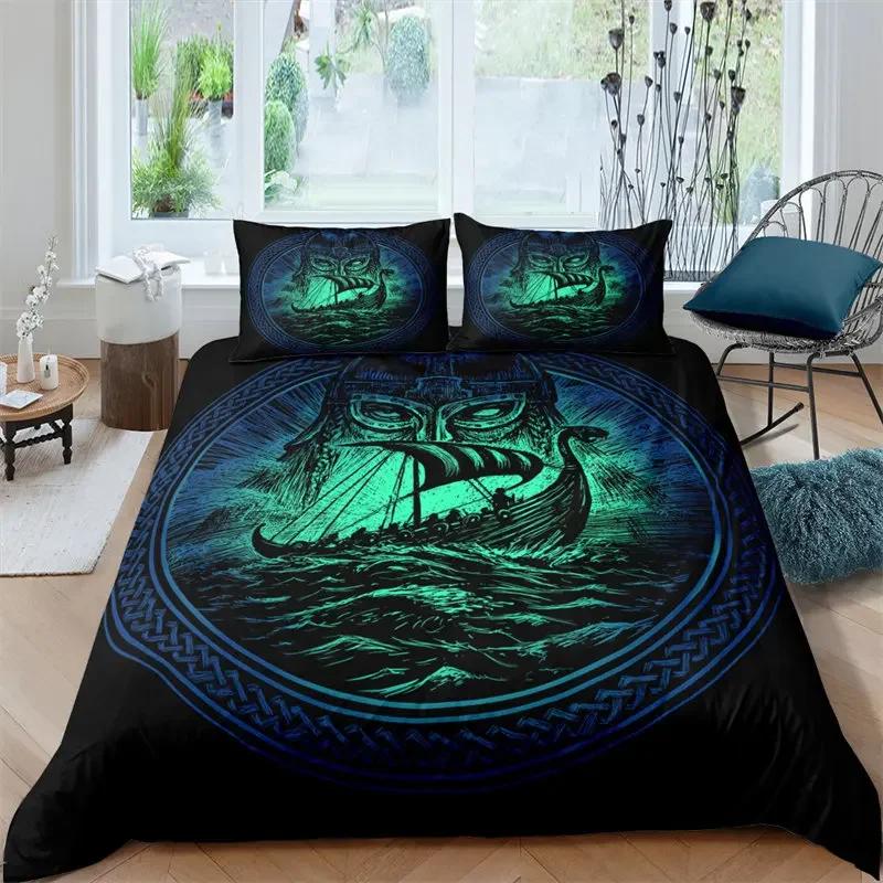 Viking Duvet Cover Set King/Queen Size Slate Blue Mjolnir Pattern Bedding Set Northern Germanic Culture Polyester Quilt Cover