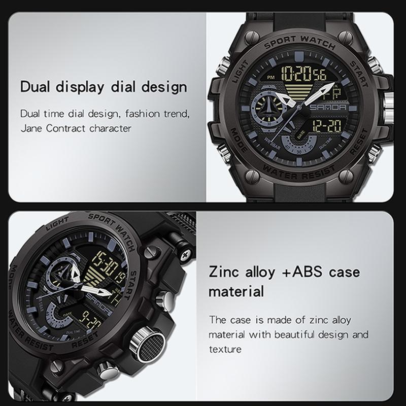 SANDA Luxury LED Dual Display Digital Quartz Watch for Men Shockproof Waterproof Sports Wristwatches Student Watch