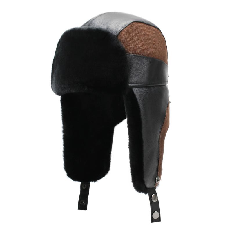 Winter PU Hat Bomber Hat Men's Outdoor Windproof Cold-Proof Ski Hat Thick Fleece Warm Cotton Hat