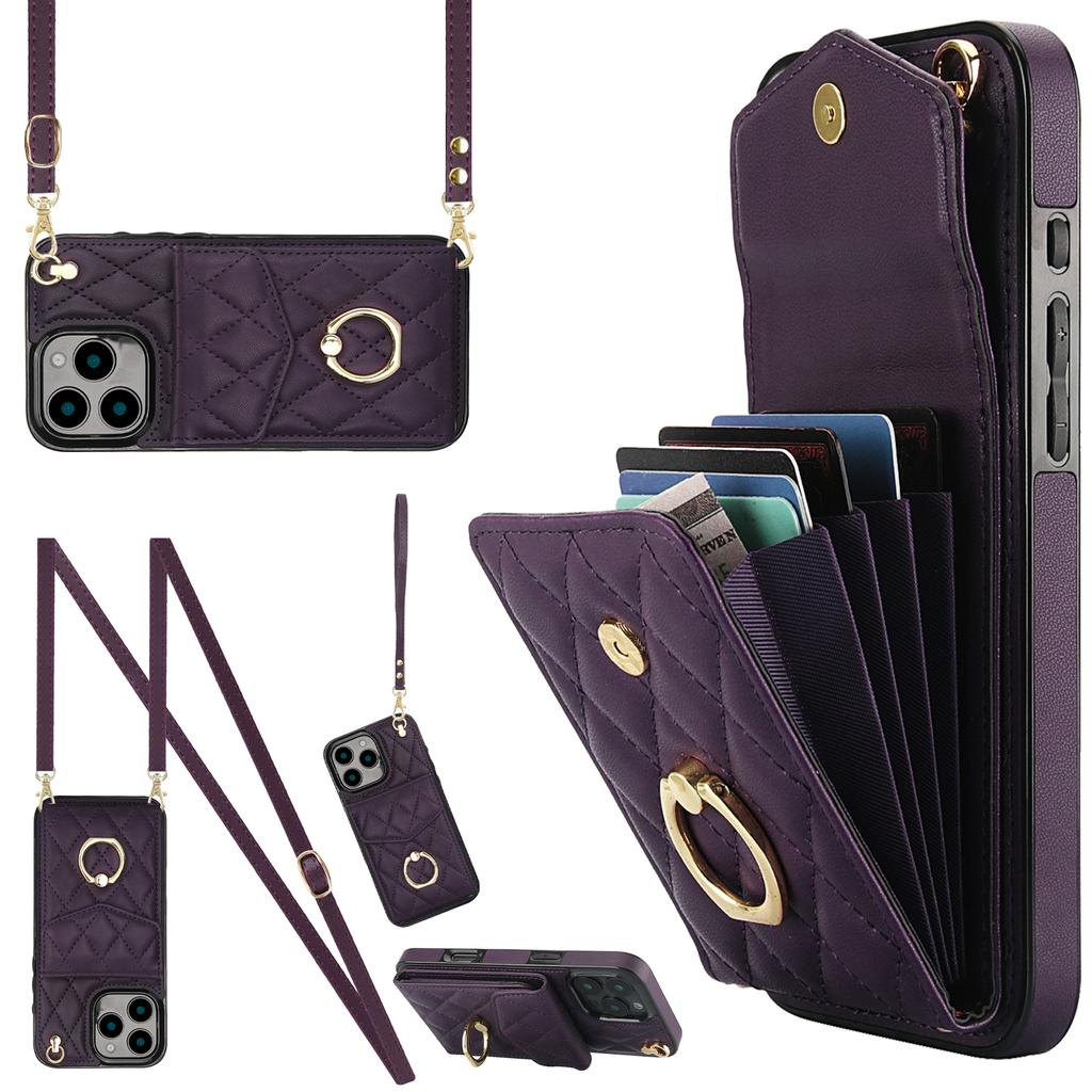 For iPhone 16 Pro Case Card Bag Leather+TPU Crossbody Phone Cover with Ring Kickstand
