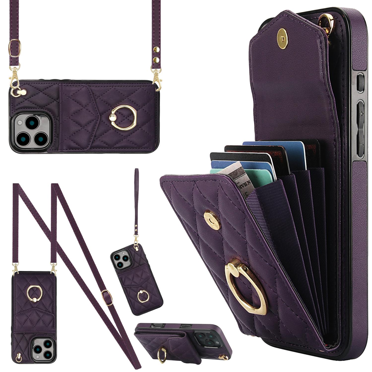

For iPhone 16 Pro Max Case Card Bag Leather+TPU Crossbody Phone Cover with Ring Kickstand Dark Purple