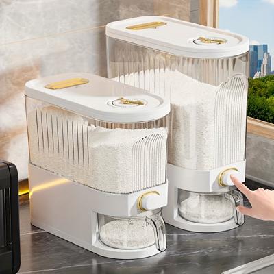 2-in-1 Large Rice Dispenser and Dry Food Storage Container with Measuring Cup and Time Scale, Flip Top Plastic Kitchen Organizer for Grains