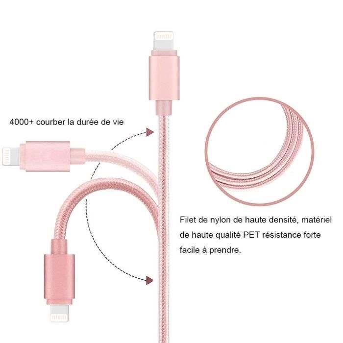 Câble pour iphone - non spécifié - lot de 3 - 1m - nylon - rose