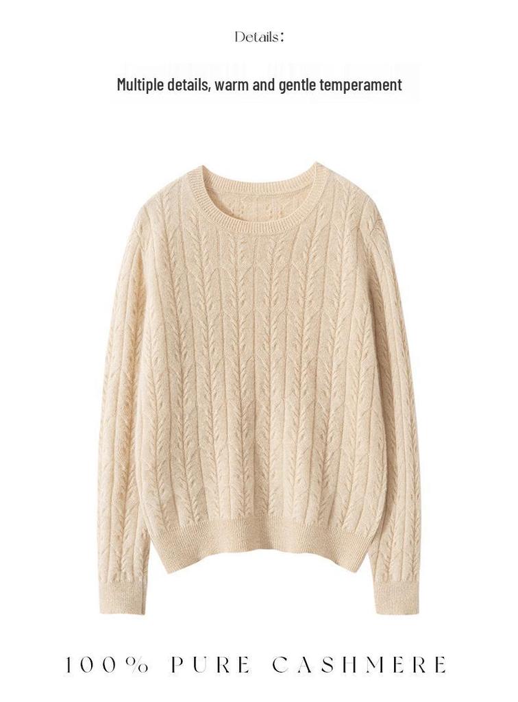 100% Pure Cashmere Women's Round Neck Knit Sweater with Wheat Ear Jacquard Design