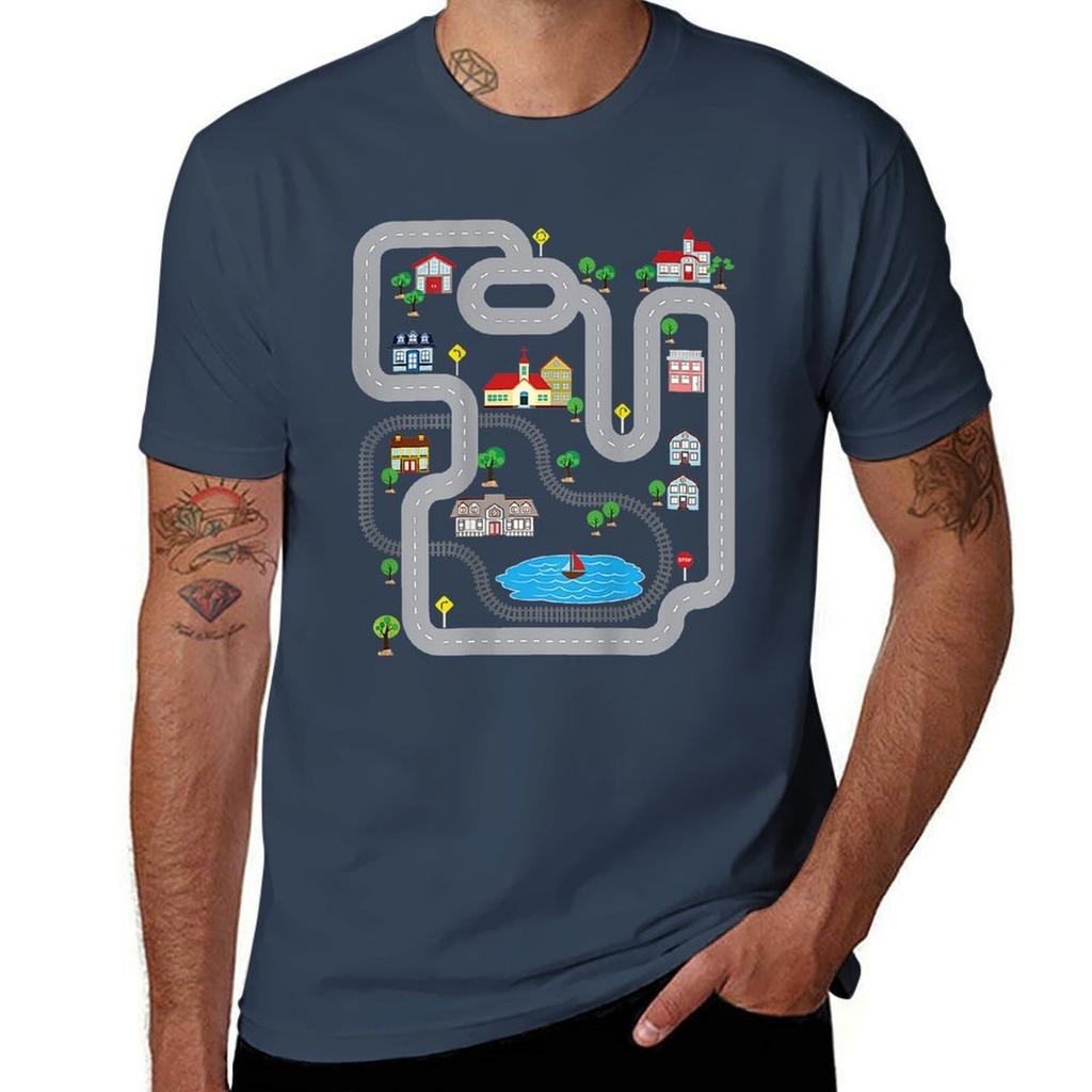Playmat Train Car Race Track Printed On Back Road TShirt Work Wear Short Sleeve TShirt