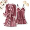 New Autumn Velvet Pajamas Two-piece Robe Set Feminine Lace See-through Robe Bathrobe Casual Velvet Home Clothes