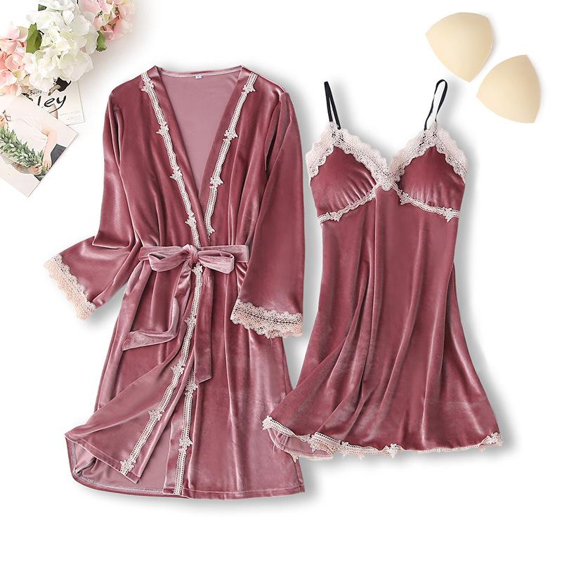 New Autumn Velvet Pajamas Two-piece Robe Set Feminine Lace See-through Robe Bathrobe Casual Velvet Home Clothes