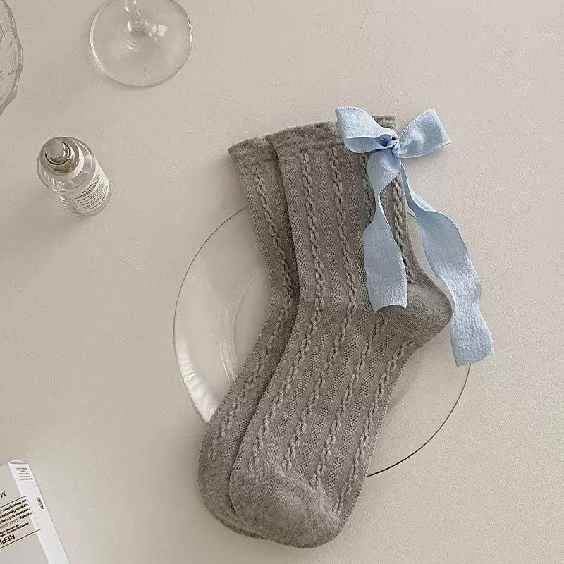 Bow Socks Women'S Mid-Tube Socks Spring And Autumn Cotton Socks Girl Cute White Ballet Style Spring Stockings