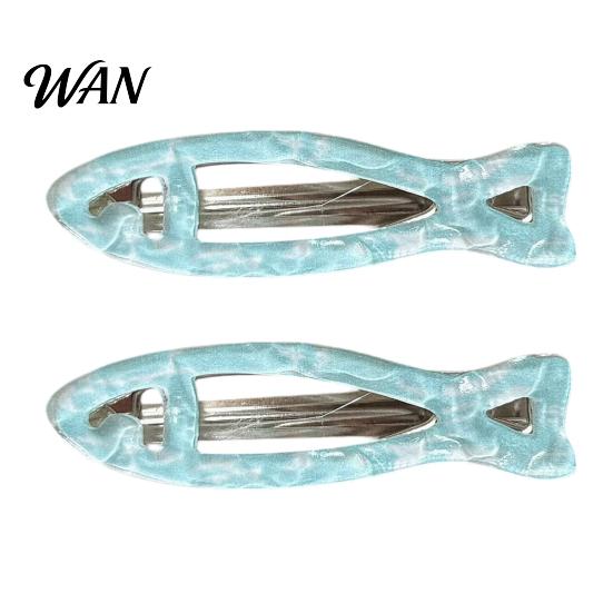 Fresh Fish Hollow Shape Clip 2Pcs Girl Hairpins, Acrylic Hair Clips with Built-in Elastic Clip, Broken Pins, Transparent Icy Blue Accessories