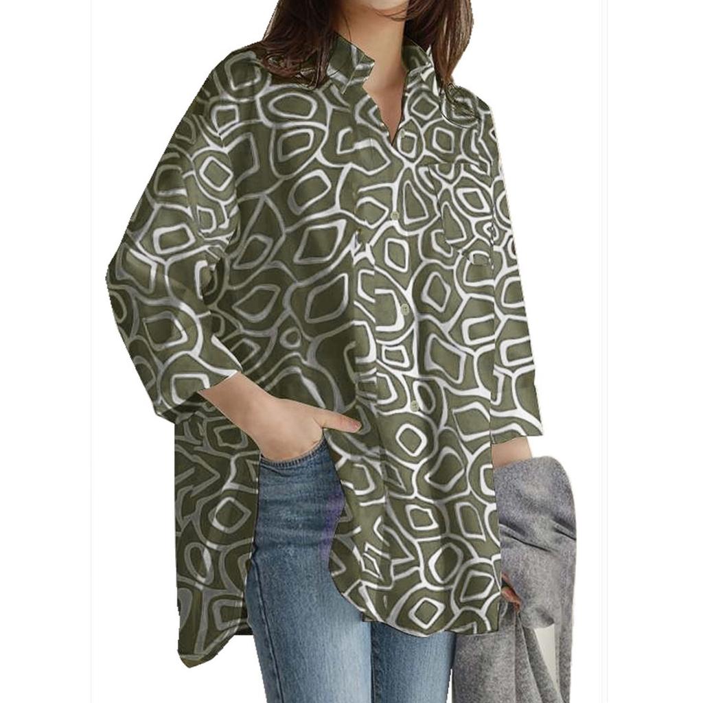 Damen Casual Fashion Print Einreihiges Revers Nähte Langarm Lose Hemd