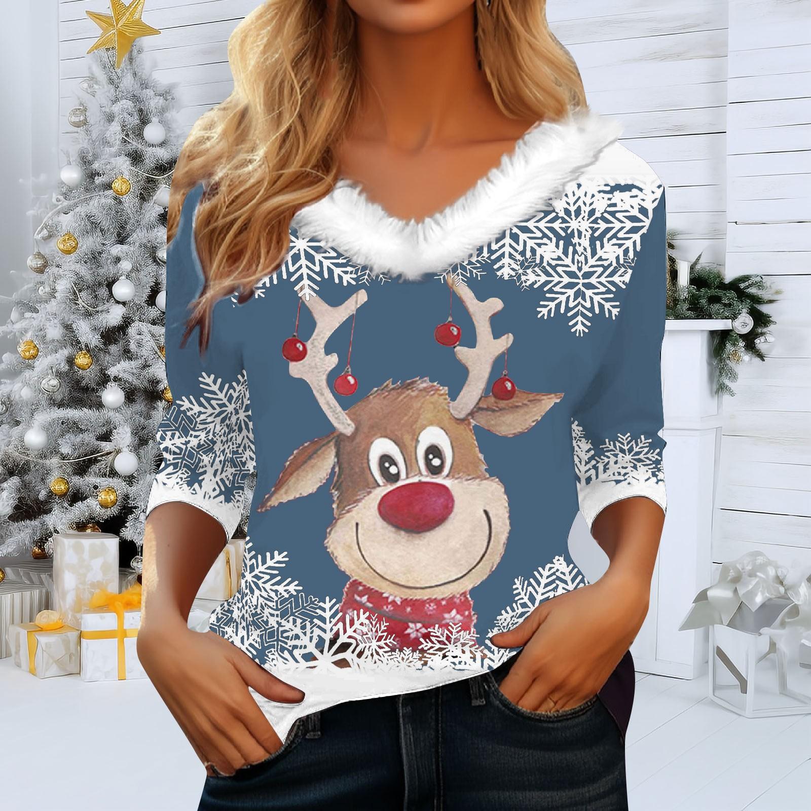 

Рубашки с рукавом 3/4 для женщин, рождественские футболки с графическим принтом, блузки, повседневные базовые топы на пуговицах больших размеров, пуловеры XXL синий