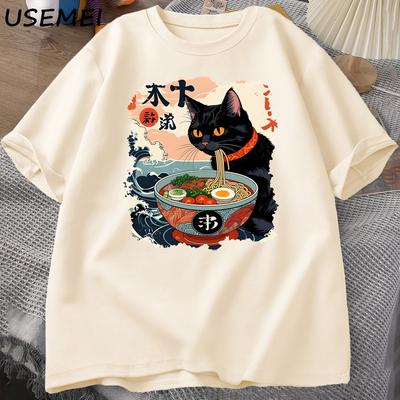 Sommer Rundhals 3D Japanischer Anime Lamian Nudeln Katze Print Top Modische Lässige Kurzarm Herren T-Shirts