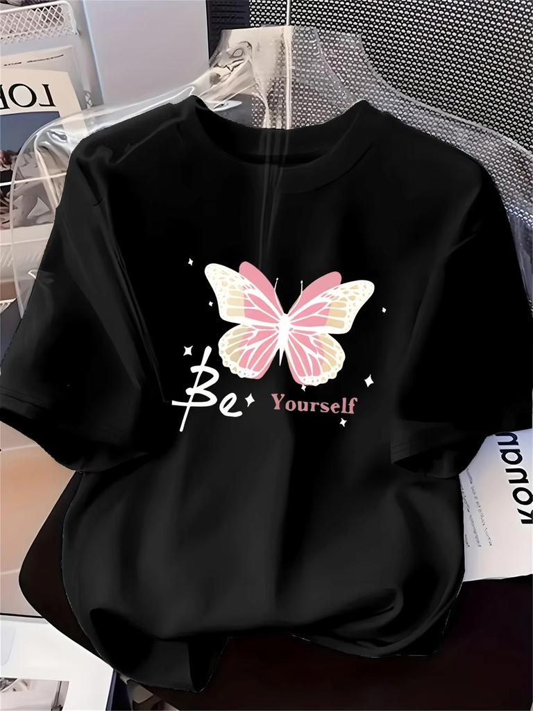 Women's Fashion Printed T-Shirt Pink Butterfly Pattern Soft Comfortable Printed Short Sleeve T-Shirt for Casual Fashionable Tops