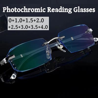 Luxus-Randlos-Lesebrille mit Diamantschliff, fertig, für draußen, photochrom, Fernsicht +1,0 +1,5 Brille