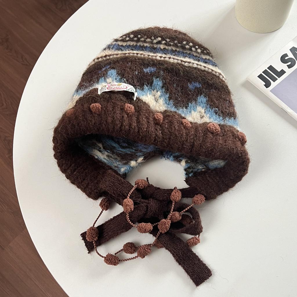 Fair Island retro knitted bag hat women's new autumn and winter face small warm and cold ear protective wool hat